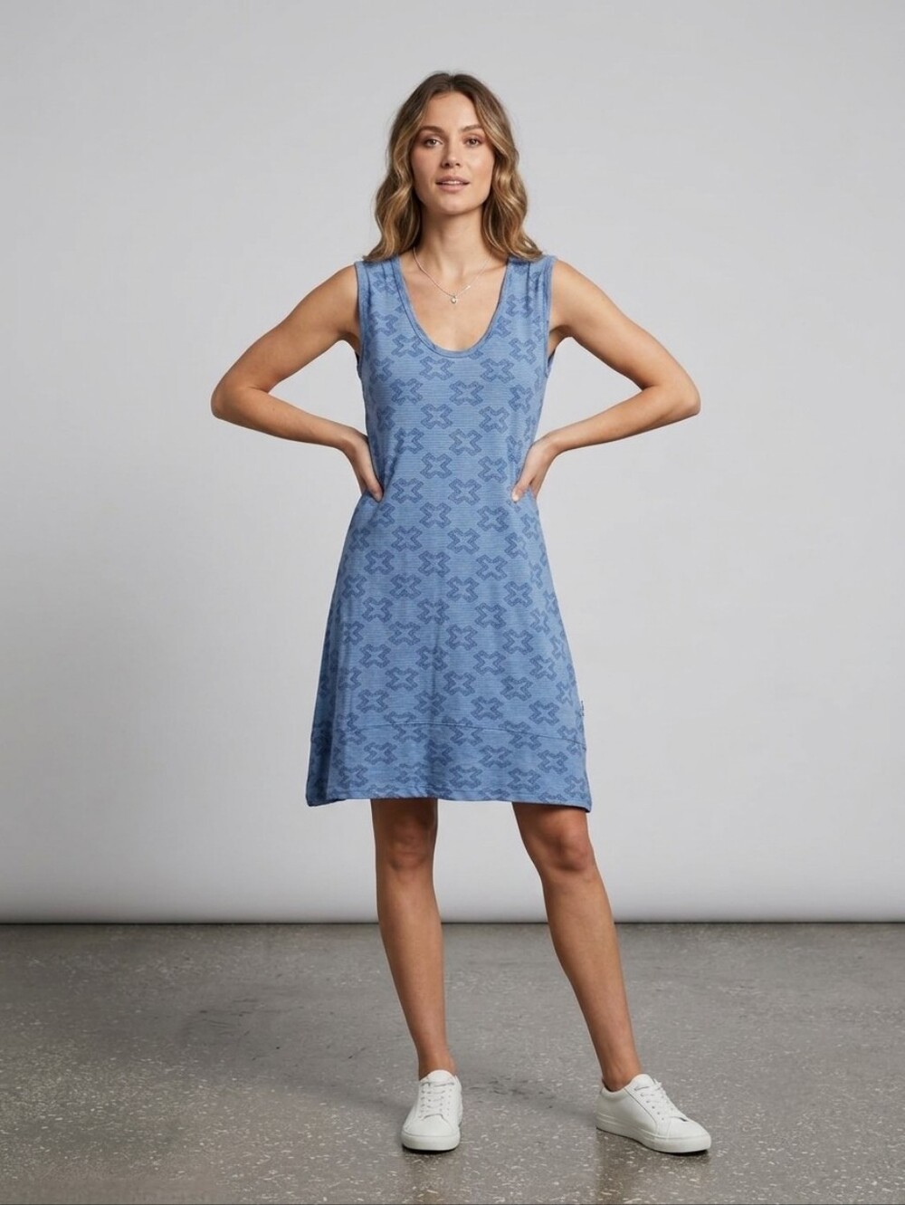 Blue Patterned Sleeveless A-Line Dress Merino Wool New Zealand Made